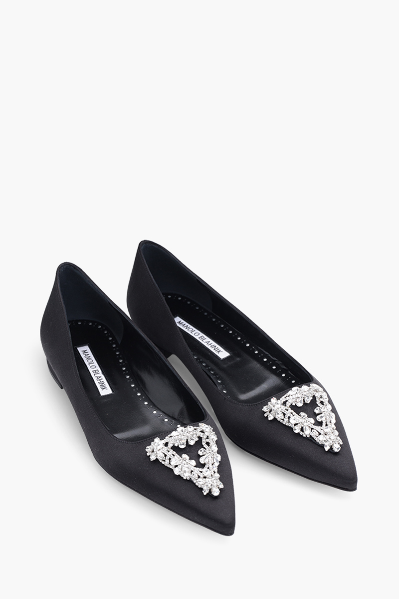 MANOLO BLAHNIK Trina Triangular Embellished Ballerina in Black Satin with White Crystal 1