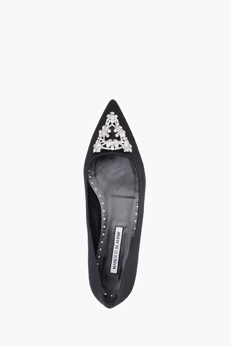 MANOLO BLAHNIK Trina Triangular Embellished Ballerina in Black Satin with White Crystal 3