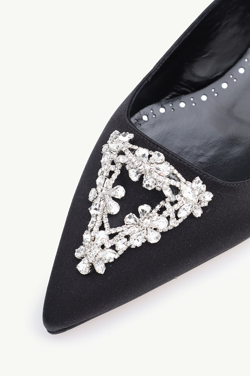 MANOLO BLAHNIK Trina Triangular Embellished Ballerina in Black Satin with White Crystal 4