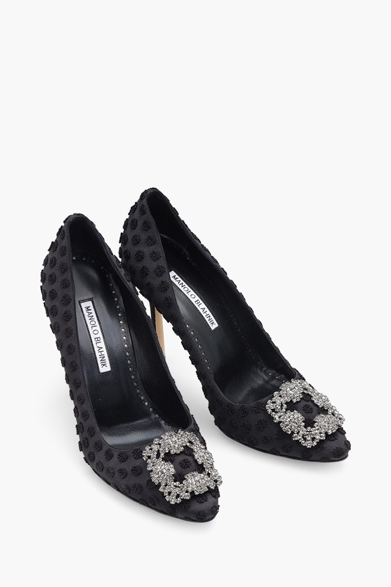 MANOLO BLAHNIK Hangisi Embroidered Pump 10.5cm in Black Satin with Dark Crystal 1