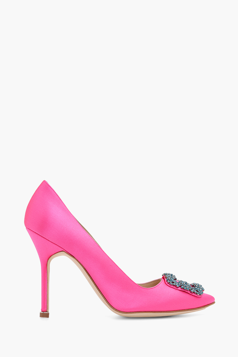 MANOLO BLAHNIK Hangisi 10.5cm Pumps in Bright Pink Satin with Blue Crystal 0