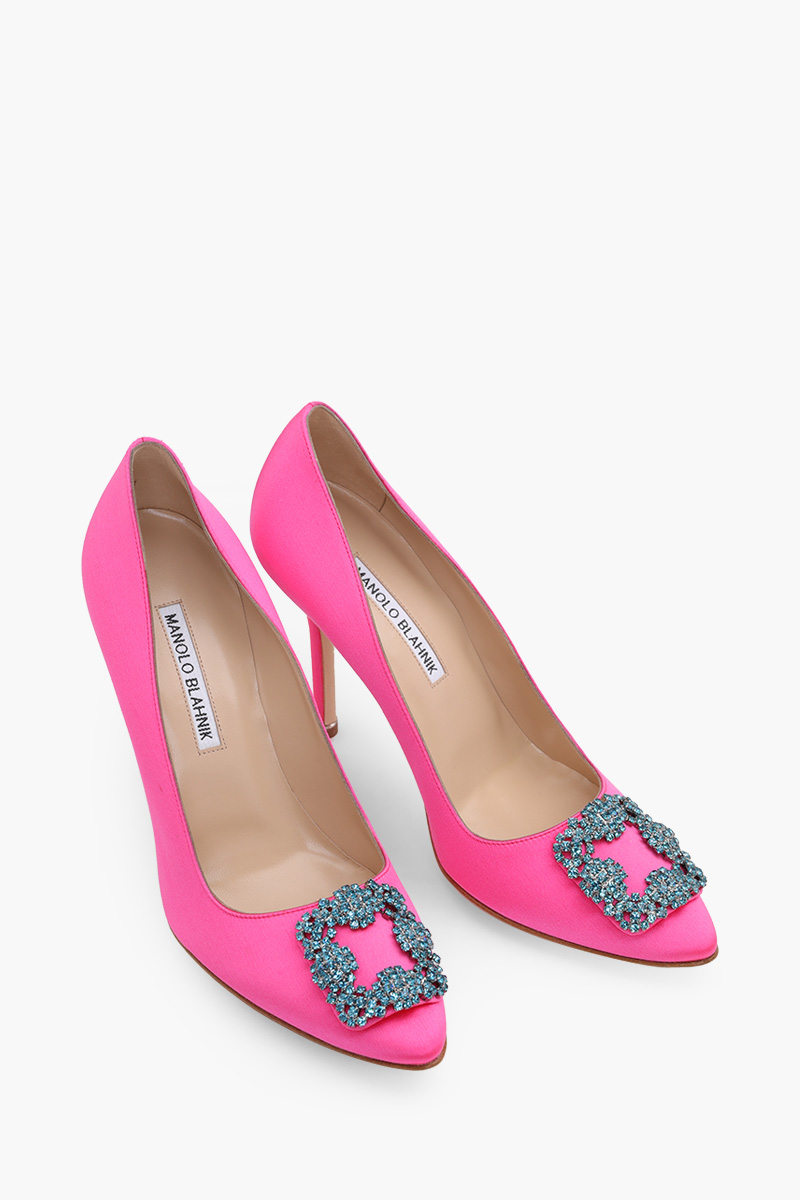 MANOLO BLAHNIK Hangisi 10.5cm Pumps in Bright Pink Satin with Blue Crystal 1