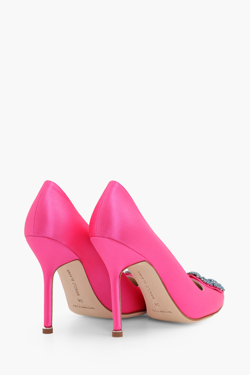 MANOLO BLAHNIK Hangisi 10.5cm Pumps in Bright Pink Satin with Blue Crystal 2