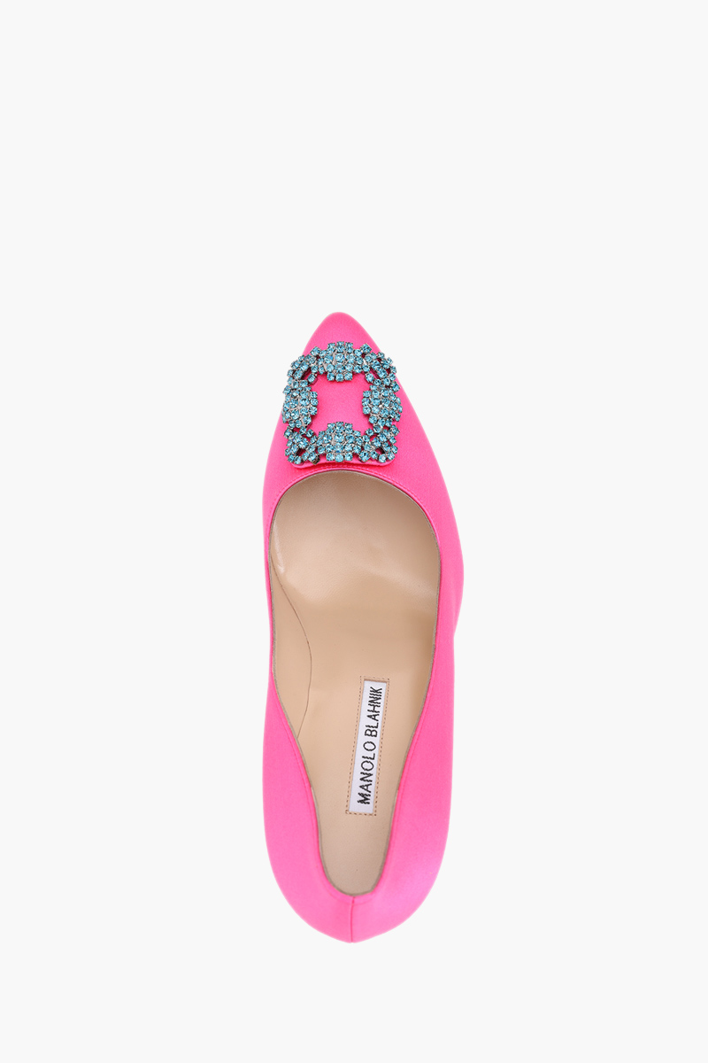 MANOLO BLAHNIK Hangisi 10.5cm Pumps in Bright Pink Satin with Blue Crystal 3