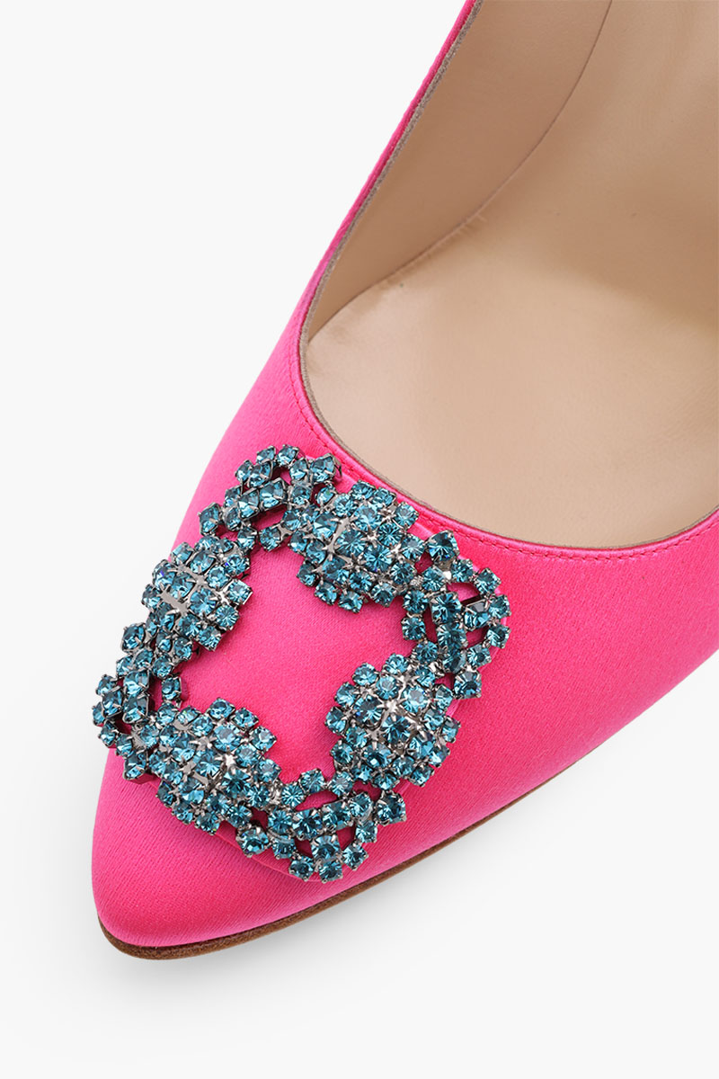 MANOLO BLAHNIK Hangisi 10.5cm Pumps in Bright Pink Satin with Blue Crystal 4