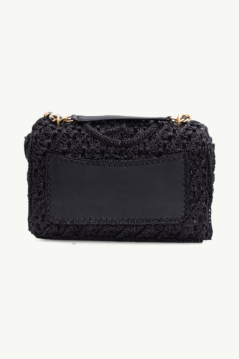 TORY BURCH Fleming Raffia Convertible Shoulder Bag in Black with Rolled Brass Hardware 1