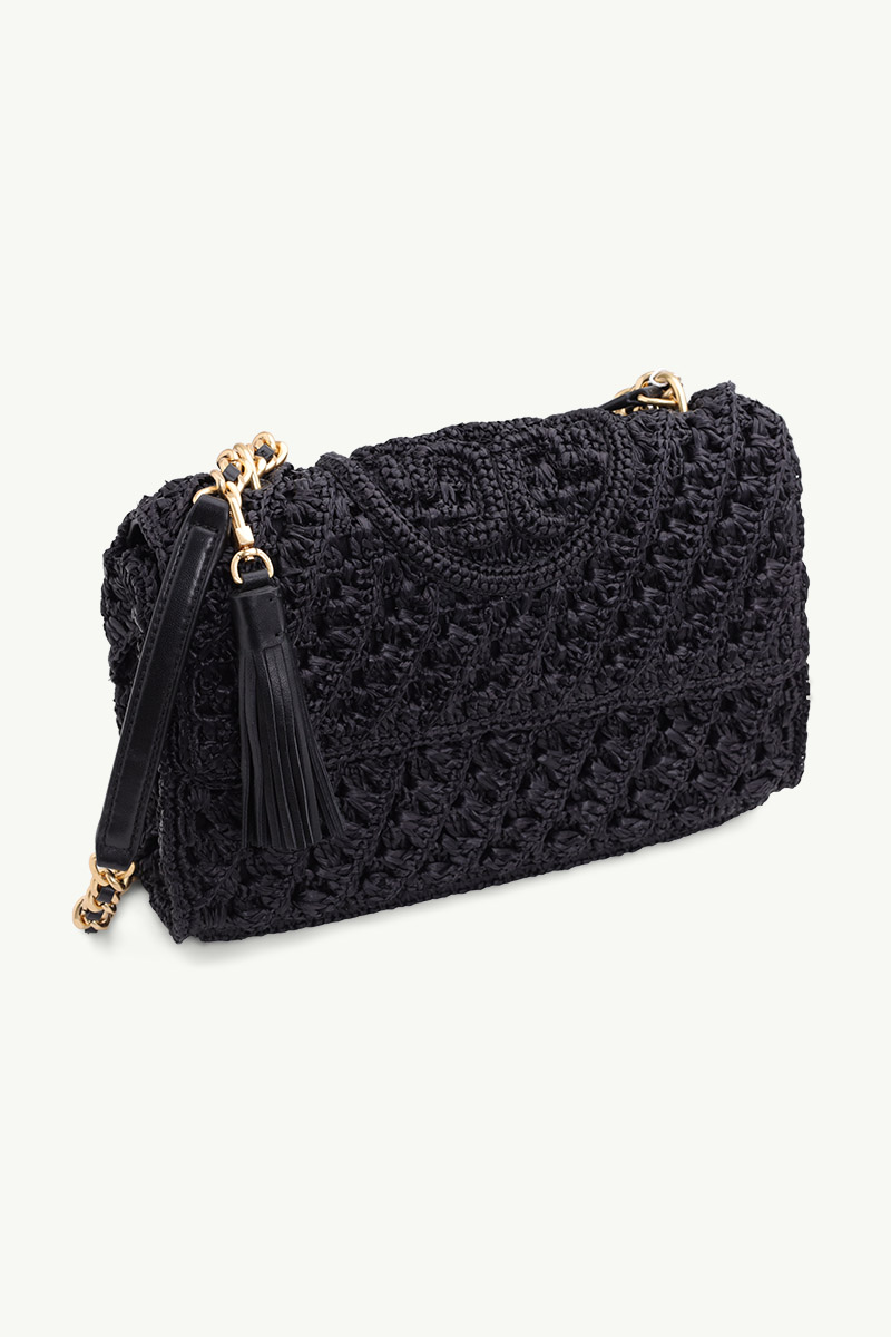 TORY BURCH Fleming Raffia Convertible Shoulder Bag in Black with Rolled Brass Hardware 2