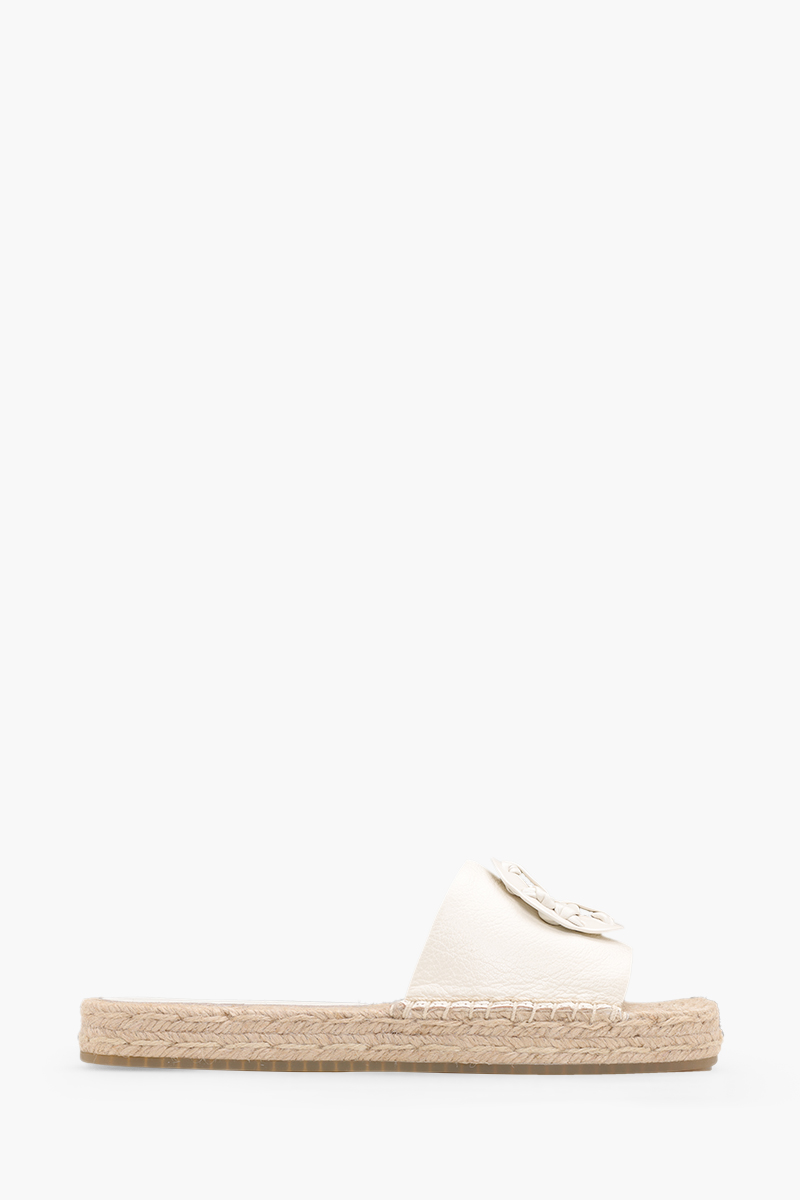 TORY BURCH Woven Double T Espadrille Slide in New Ivory/New Ivory Leather 0