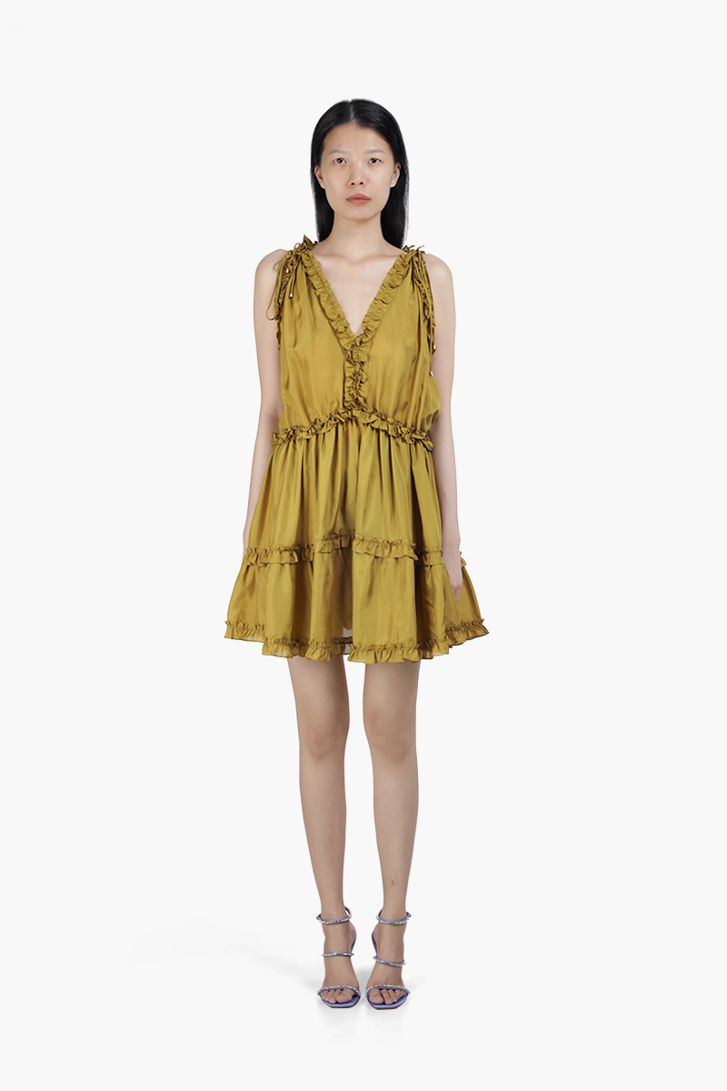 ZIMMERMANN Estelle Draw Frill Mini Dress in Olive 0