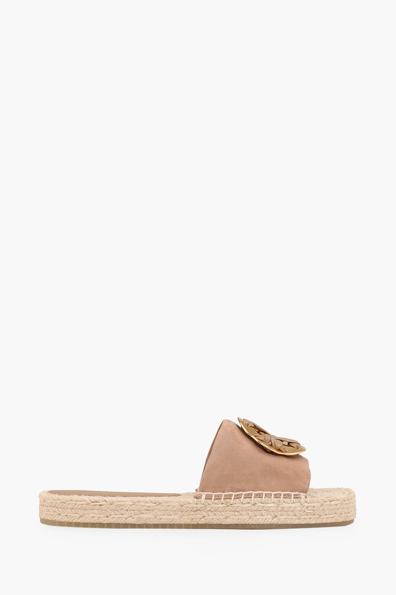 TORY BURCH Woven Double T Espadrille Slide in Almond Flour Suede 0