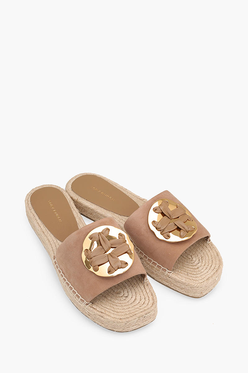 TORY BURCH Woven Double T Espadrille Slide in Almond Flour Suede 1