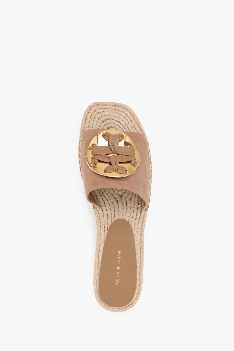 TORY BURCH Woven Double T Espadrille Slide in Almond Flour Suede 3