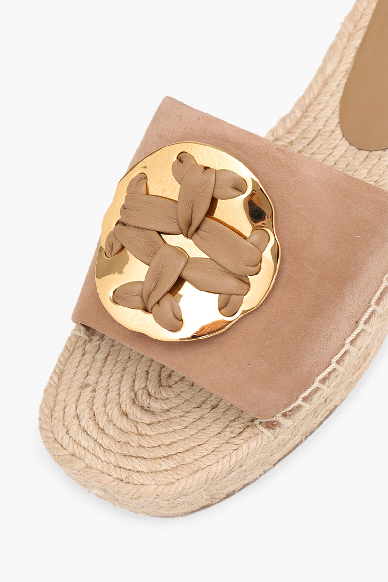 TORY BURCH Woven Double T Espadrille Slide in Almond Flour Suede 4