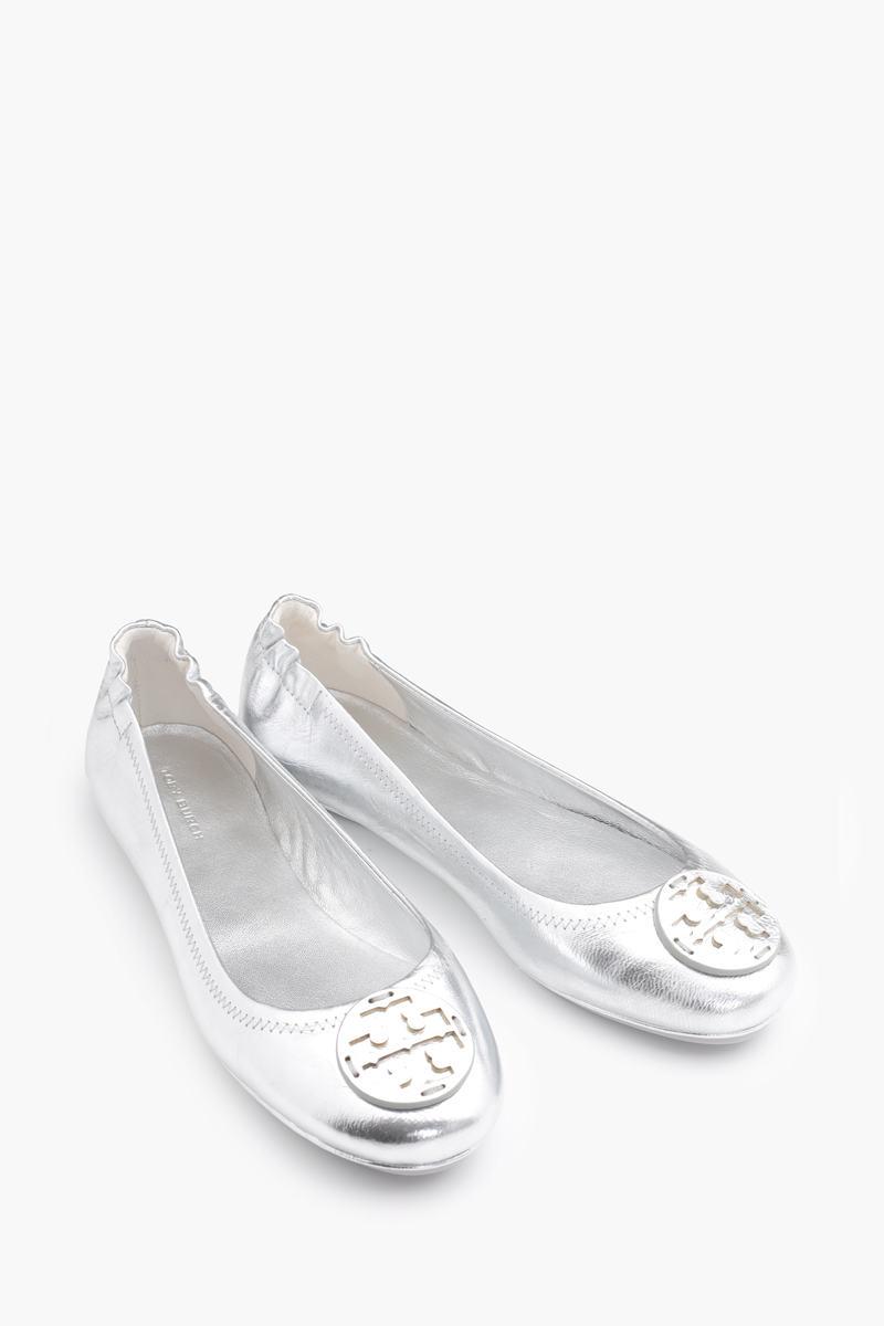 TORY BURCH Minnie Travel Ballerina in Silver Metallic Leather 1