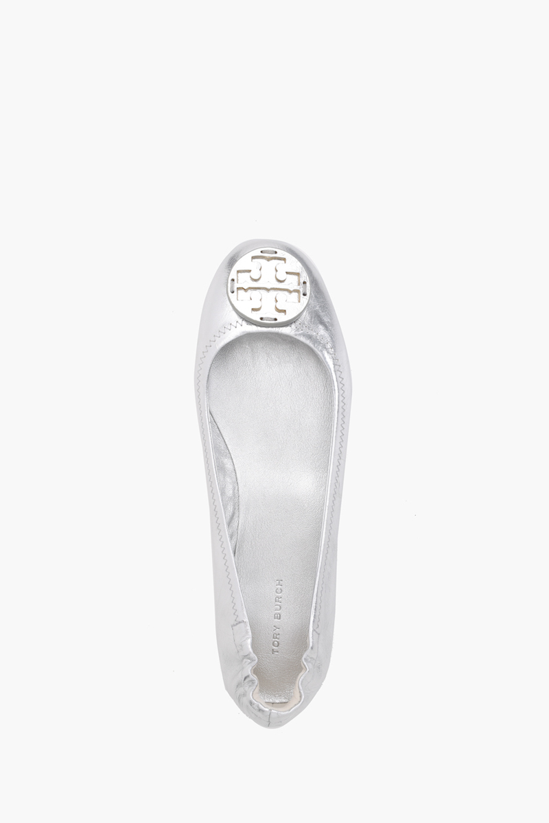 TORY BURCH Minnie Travel Ballerina in Silver Metallic Leather 3