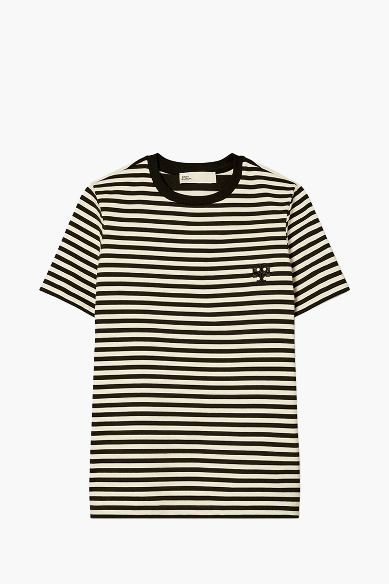 TORY BURCH Women Embroidered Logo Stripe T-Shirt in Black/White 0