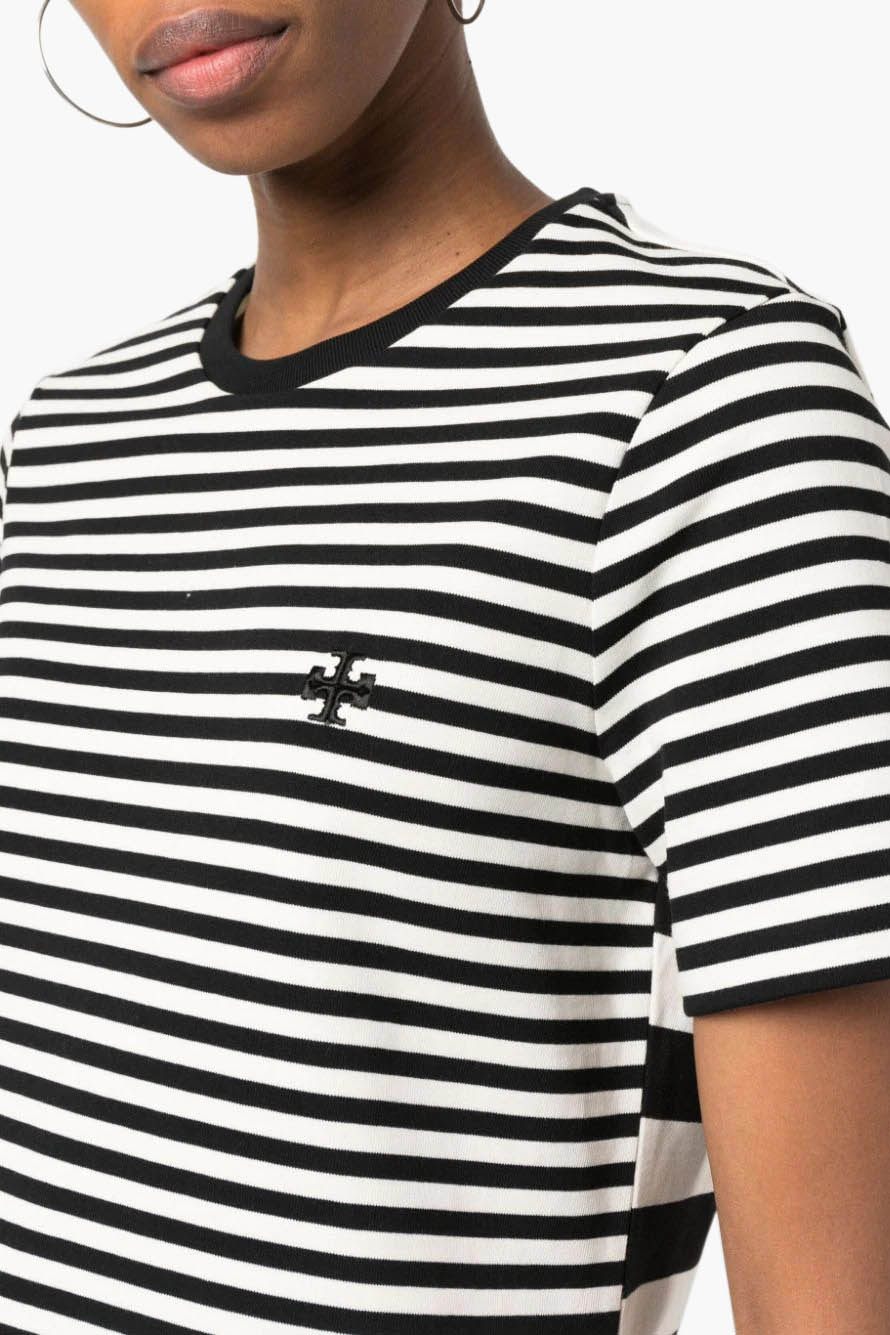 TORY BURCH Women Embroidered Logo Stripe T-Shirt in Black/White 4