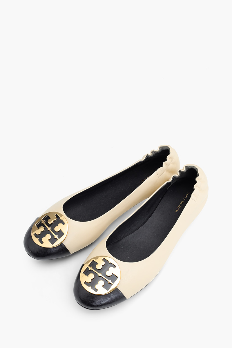 TORY BURCH Claire Cap Toe Ballet in Black/New Cream Leather GHW 1