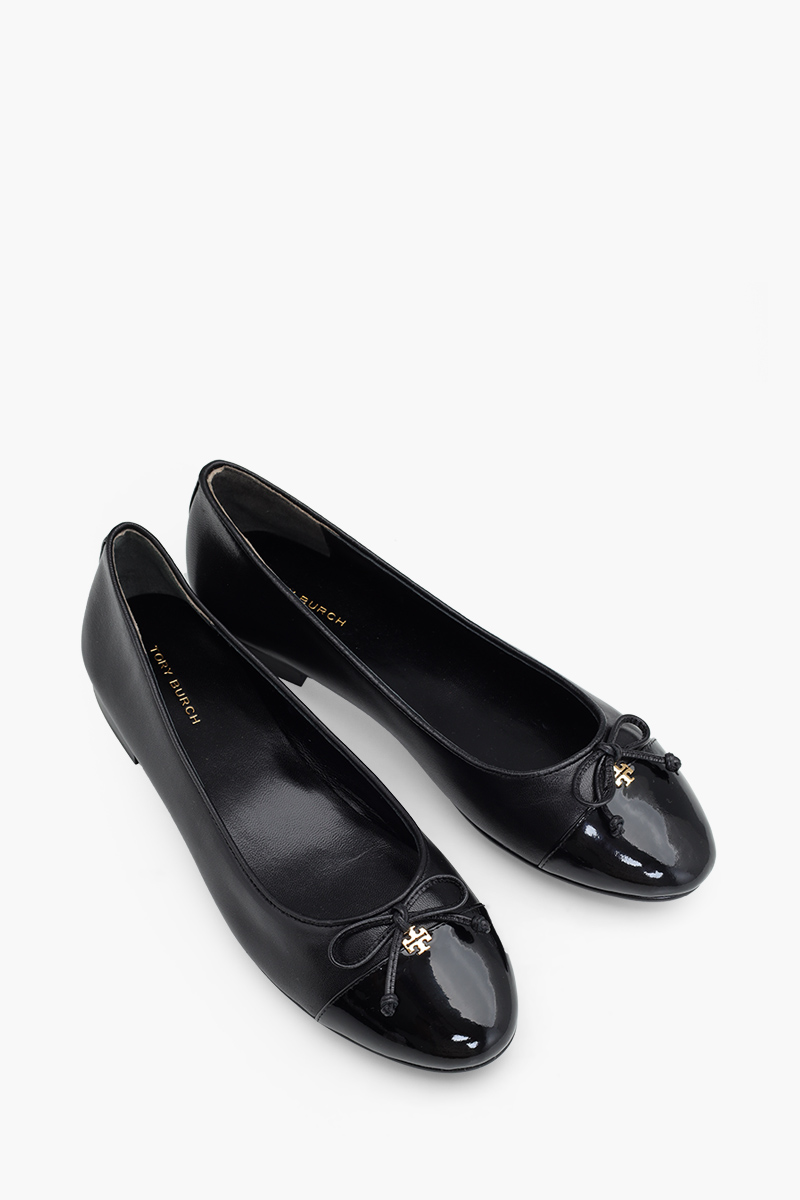 TORY BURCH Bow Double T Cap-Toe Ballets in Perfect Black/Perfect Black 1