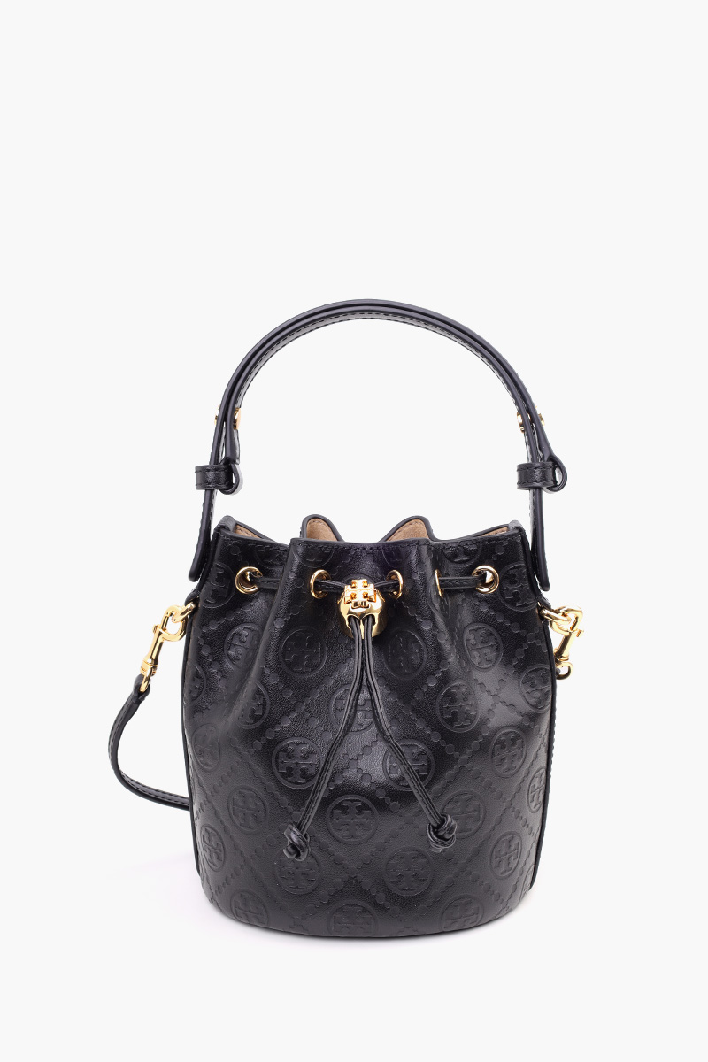 TORY BURCH Mini T Monogram Bucket Bag in Black Smooth Grain Leather 0