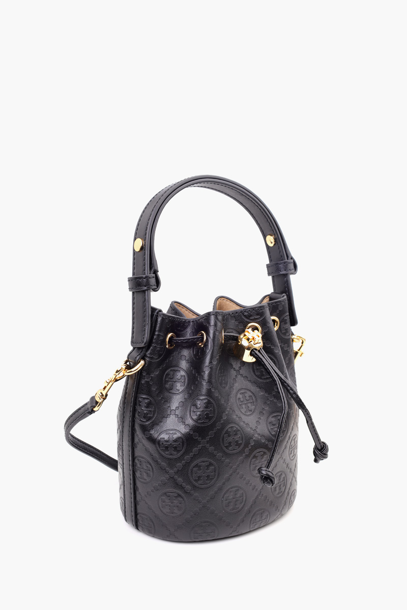TORY BURCH Mini T Monogram Bucket Bag in Black Smooth Grain Leather 1