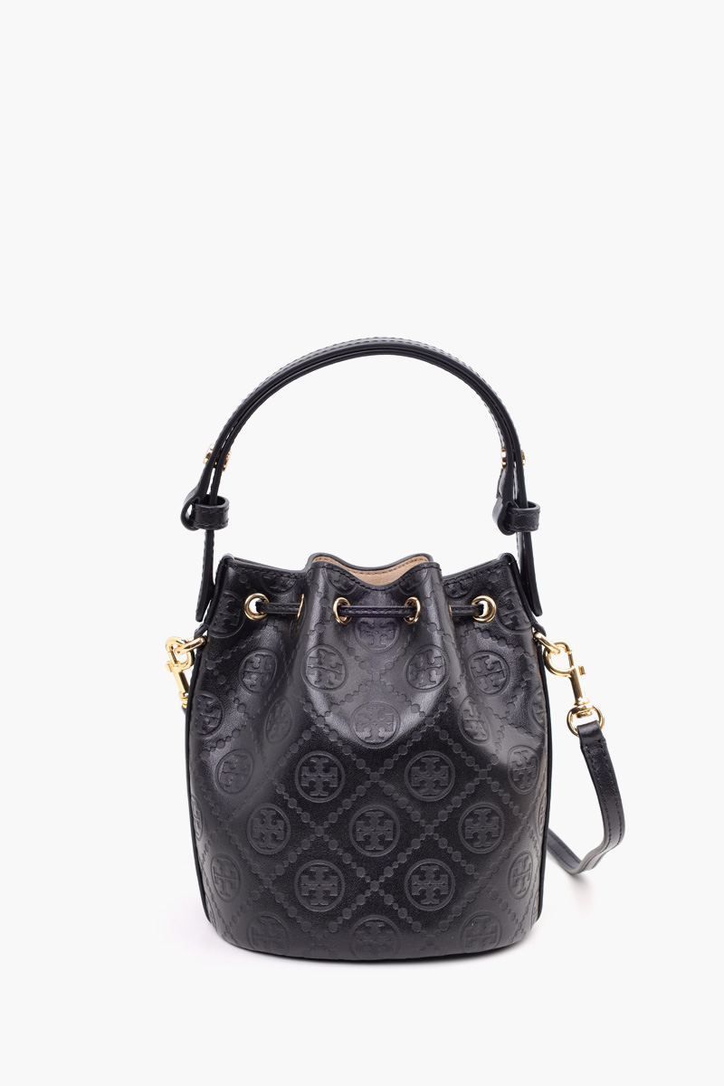 TORY BURCH Mini T Monogram Bucket Bag in Black Smooth Grain Leather 2