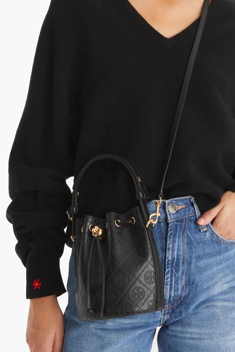TORY BURCH Mini T Monogram Bucket Bag in Black Smooth Grain Leather 4