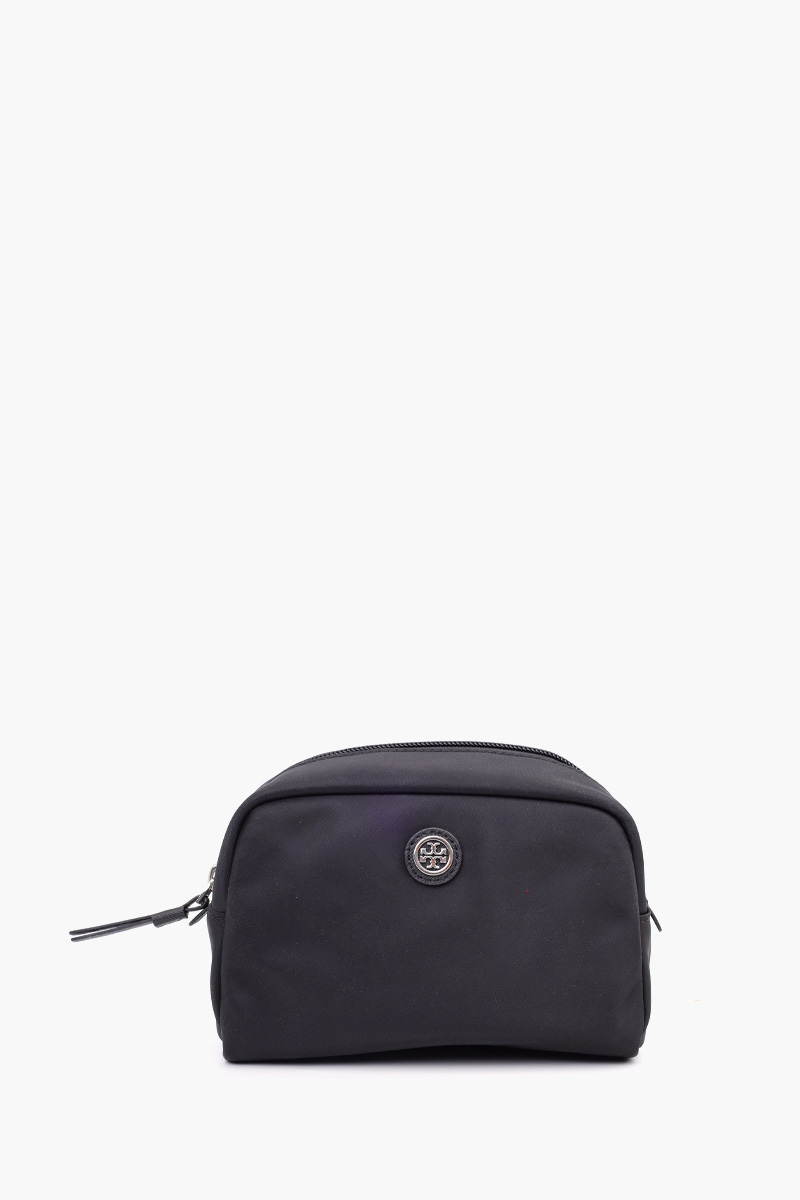 TORY BURCH Virginia Curved Cosmetic Case in Black Nylon x Leather 0