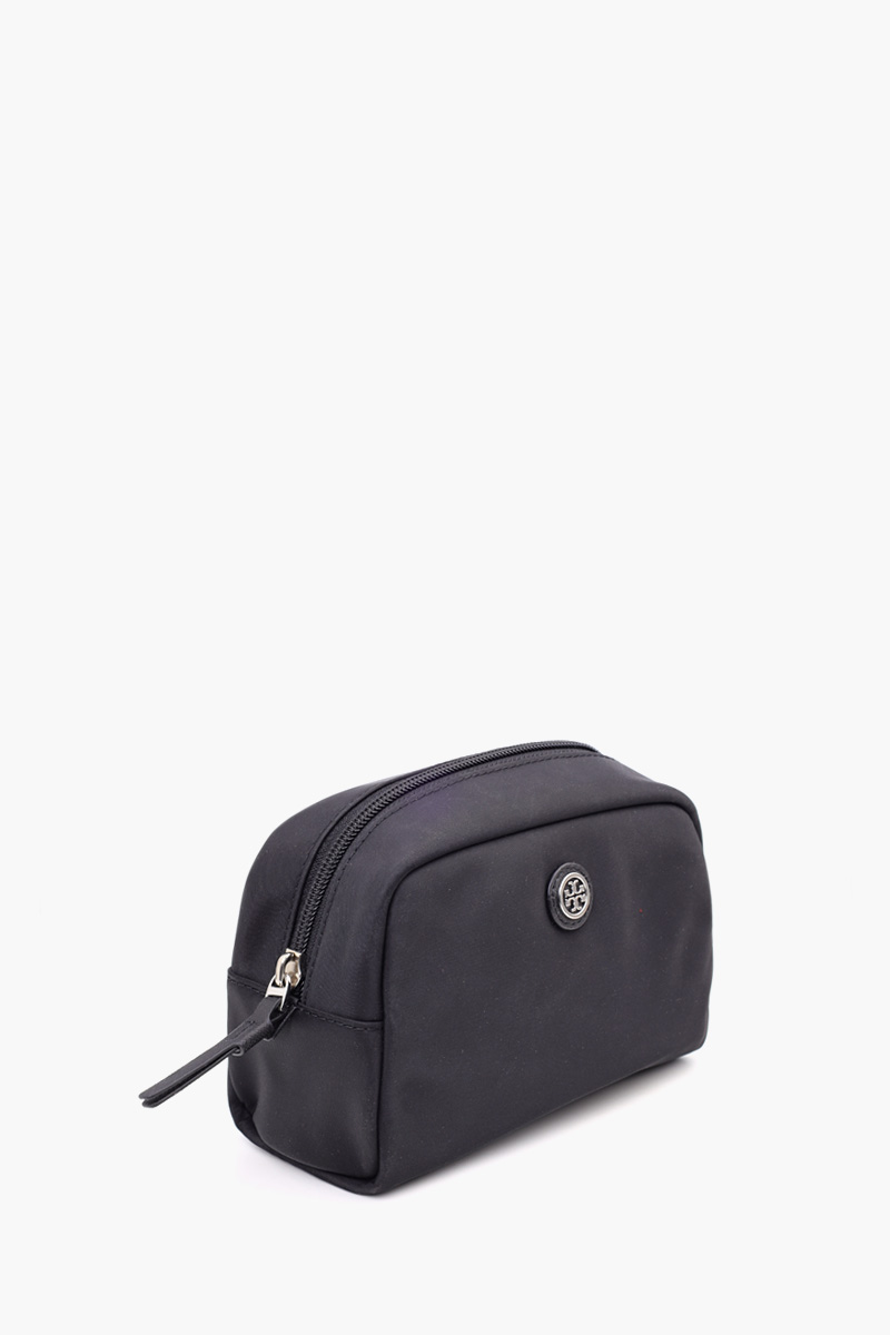 TORY BURCH Virginia Curved Cosmetic Case in Black Nylon x Leather 1