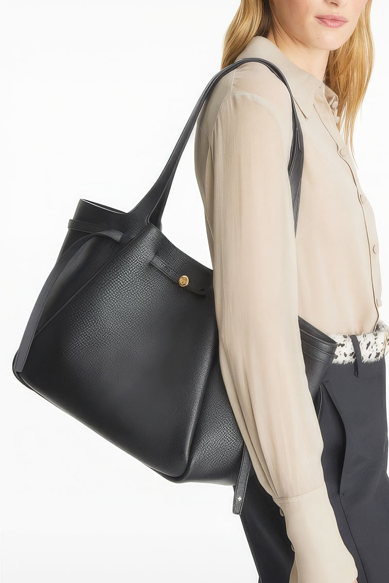 TORY BURCH Large Romy Tote Bag in Black Soft Pebbled Leather 3