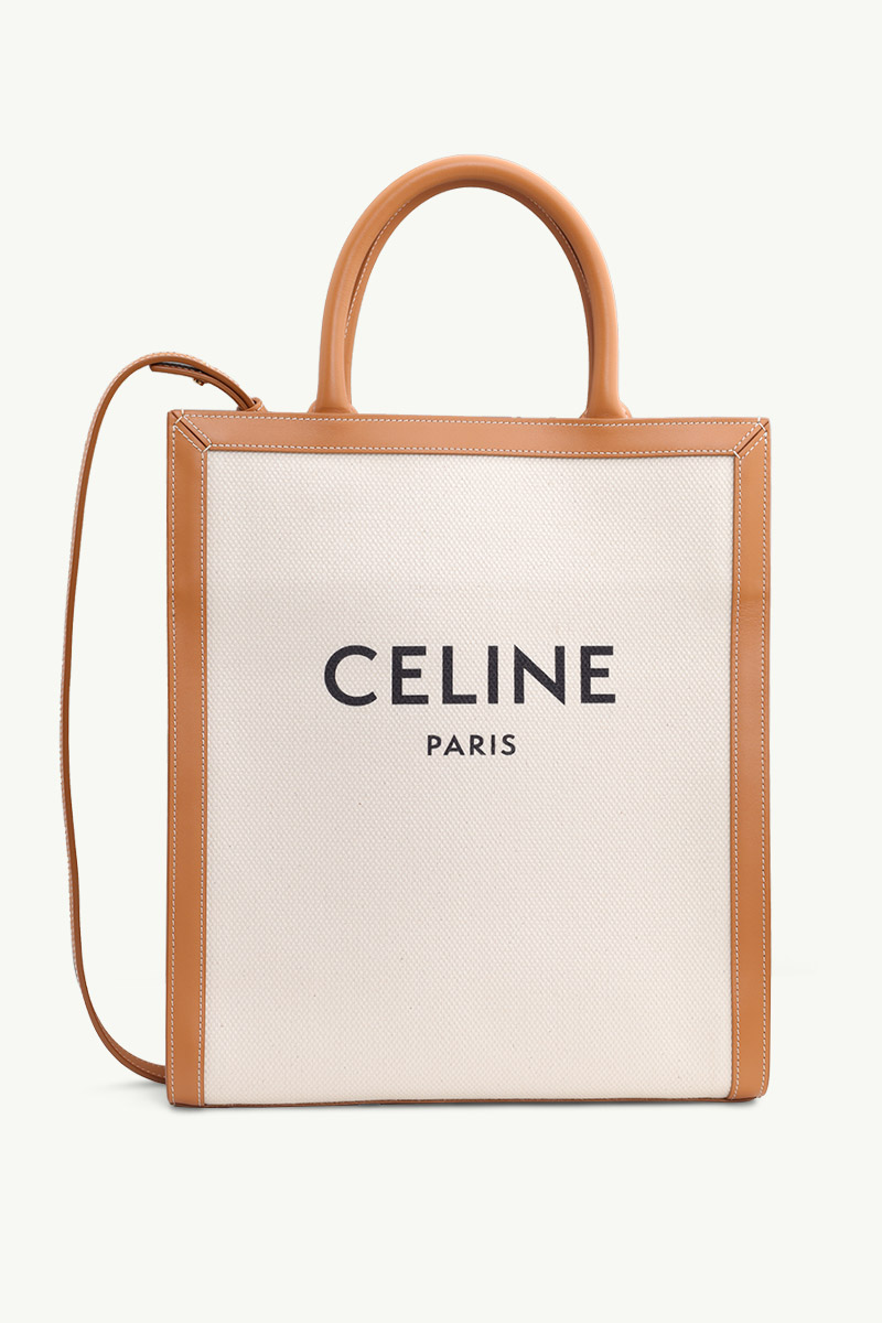 CÉLINE Small Vertical Cabas in Natural/Tan Canvas with Celine Print 0