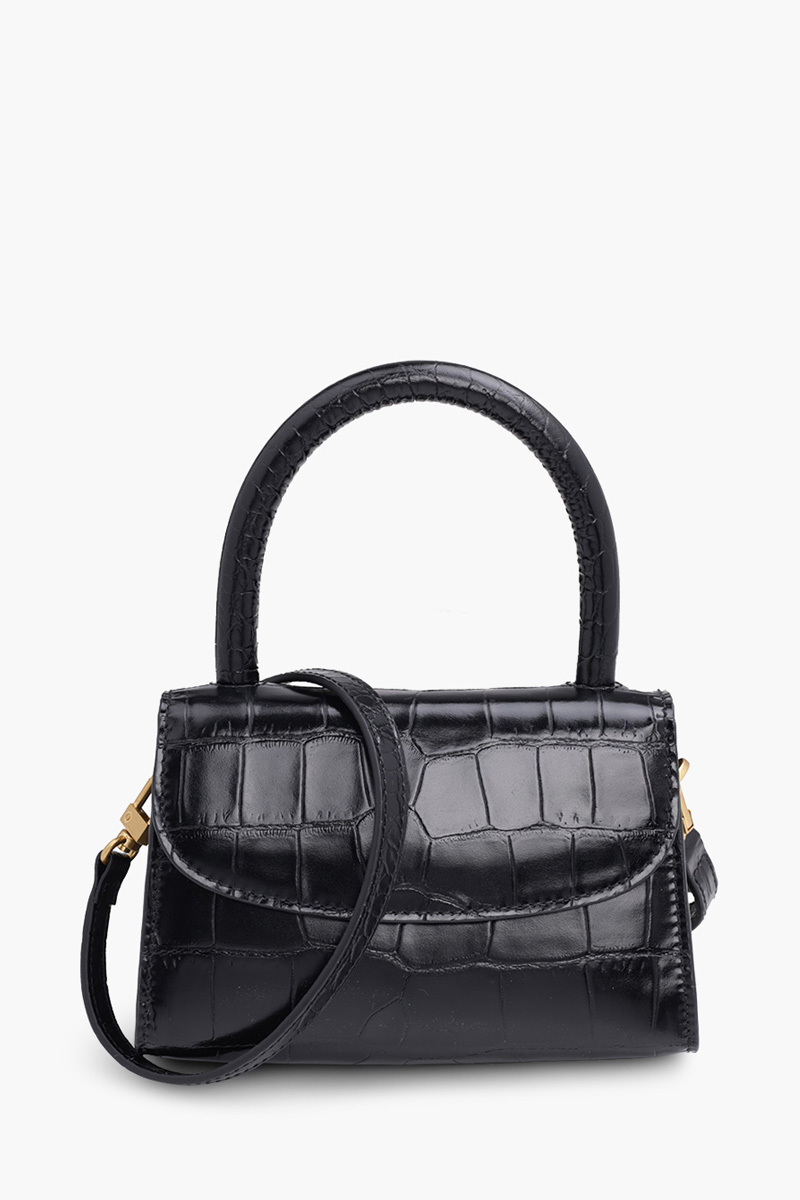 BY FAR The Mini Handbag in Black Croco Embossed Leather Fashion