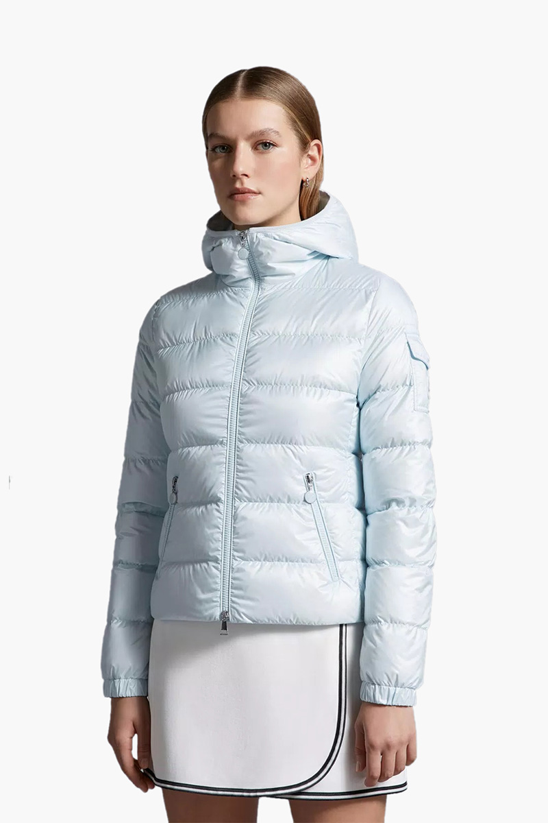 MONCLER Women The Gles Short Down Jacket in Light Blue with Hoodie 1