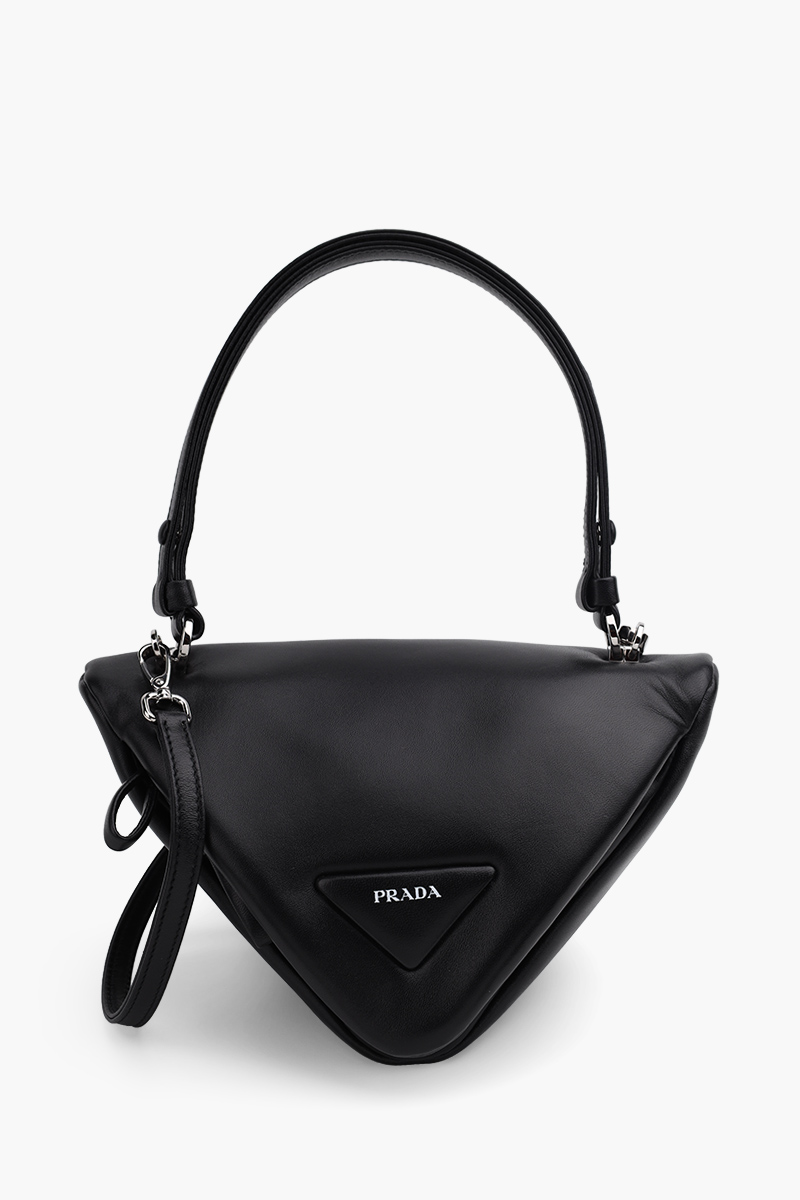 PRADA Logo Triangle Handbag in Black Padded Nappa Leather with Shoulder Strap 0