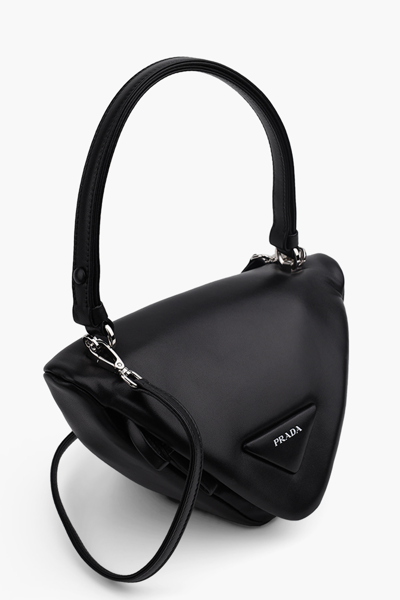 PRADA Logo Triangle Handbag in Black Padded Nappa Leather with Shoulder Strap 2