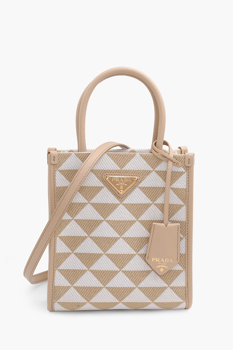 PRADA Mini Symbole Pattern Tote Bag in Beige/Chalk White Embroidered Fabric 0