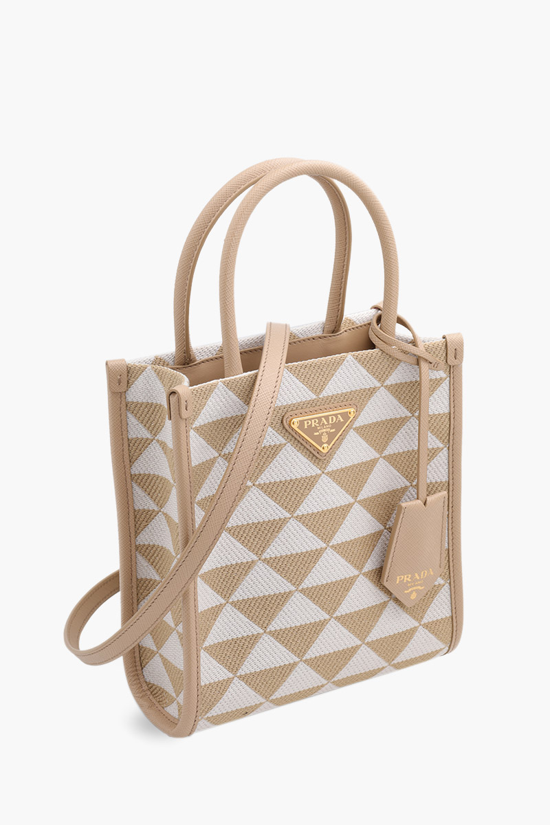 PRADA Mini Symbole Pattern Tote Bag in Beige/Chalk White Embroidered Fabric 2