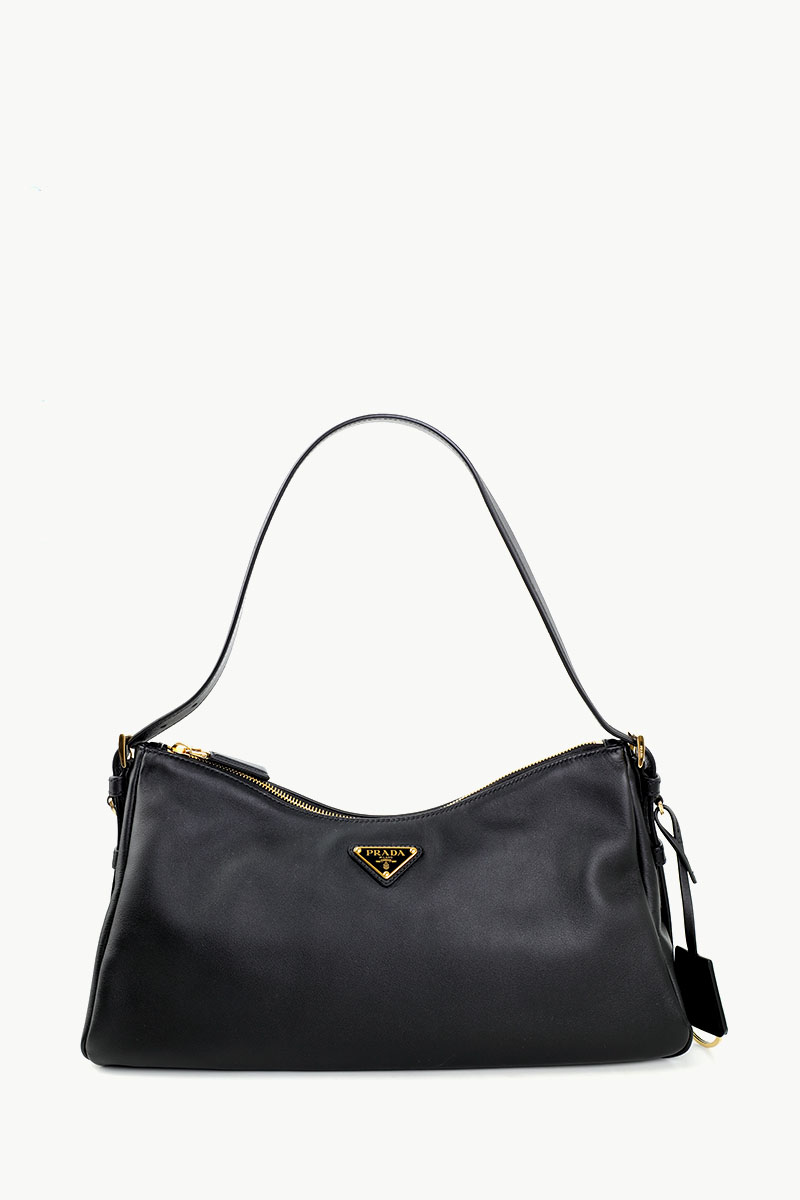 PRADA Aimee Triangle-Logo Zipped Shoulder Bag in Black Calfskin Leather 0