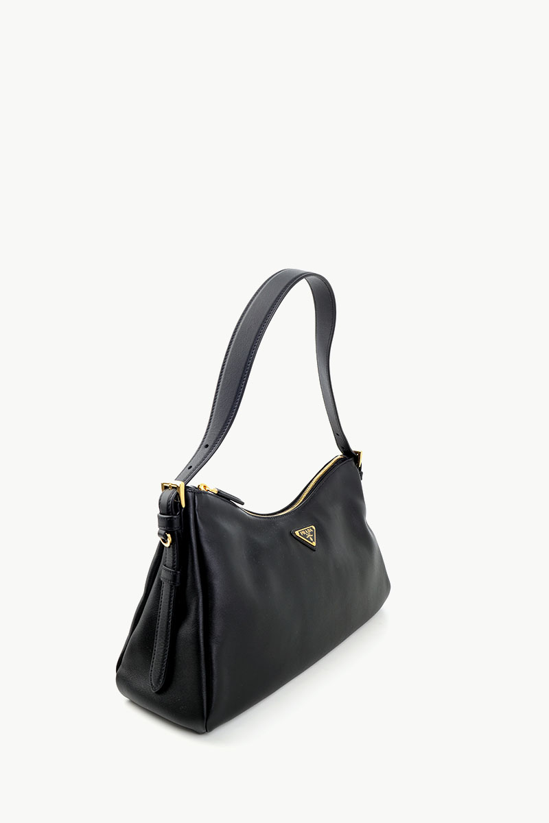 PRADA Aimee Triangle-Logo Zipped Shoulder Bag in Black Calfskin Leather 1