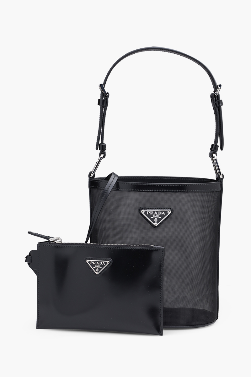 PRADA Triangle Logo Cylinder Top Handle Bag in Black Technical Mesh  0