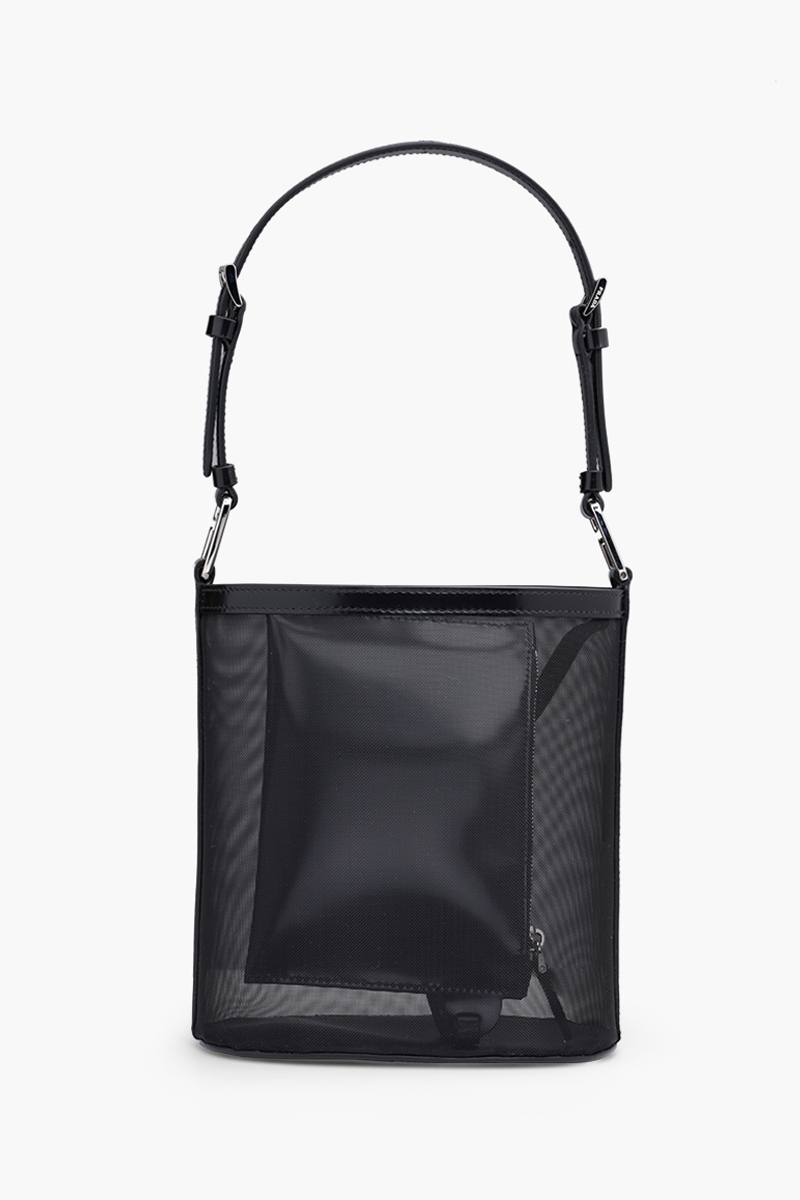 PRADA Triangle Logo Cylinder Top Handle Bag in Black Technical Mesh  1