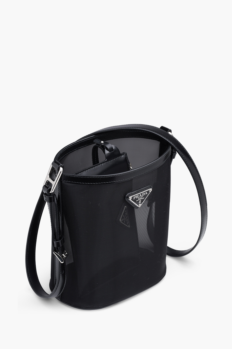 PRADA Triangle Logo Cylinder Top Handle Bag in Black Technical Mesh  2