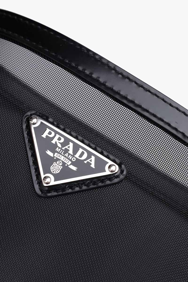 PRADA Triangle Logo Cylinder Top Handle Bag in Black Technical Mesh  3