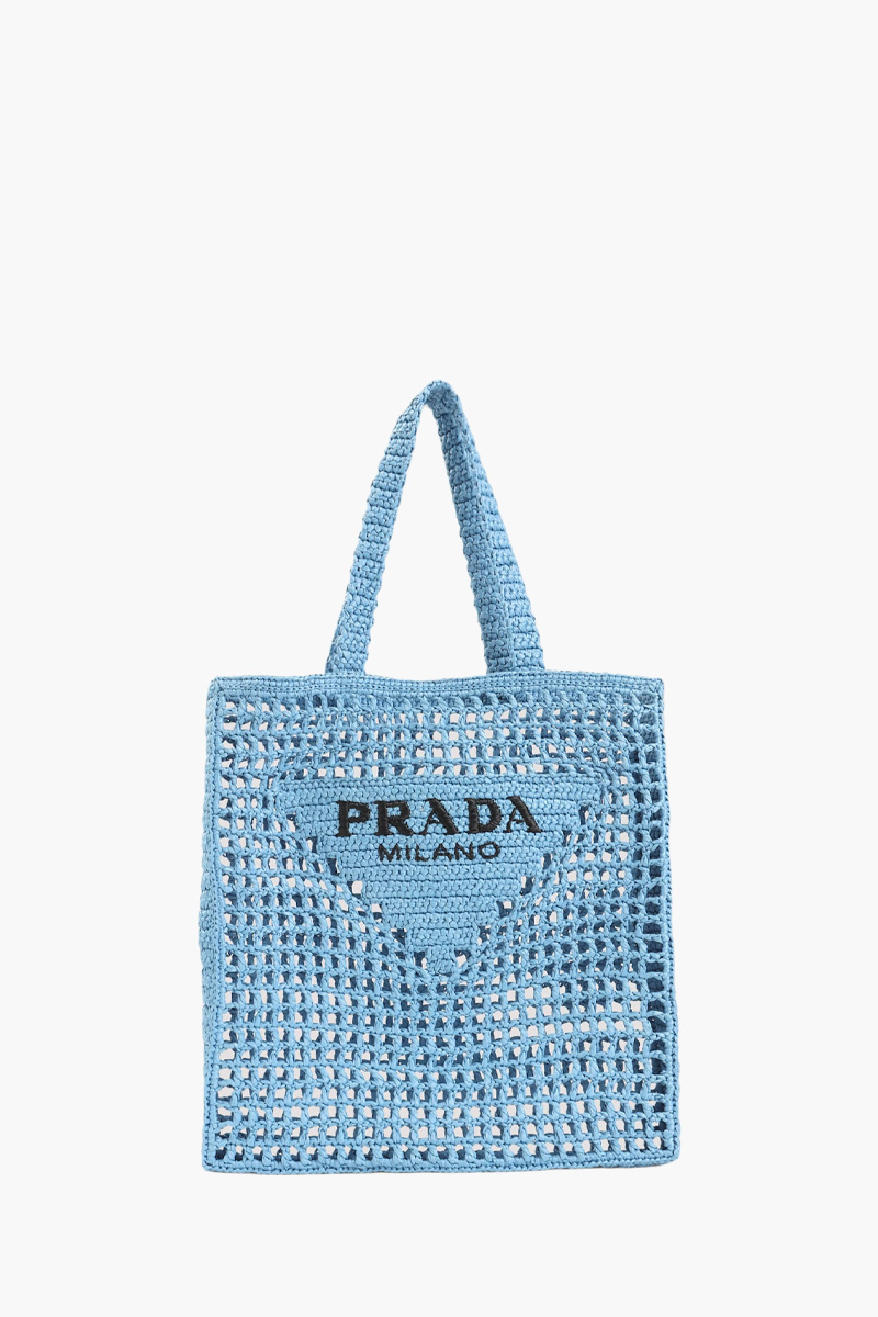 PRADA Embroidered Triangle Logo Tote Bag in Blue Raffia 0