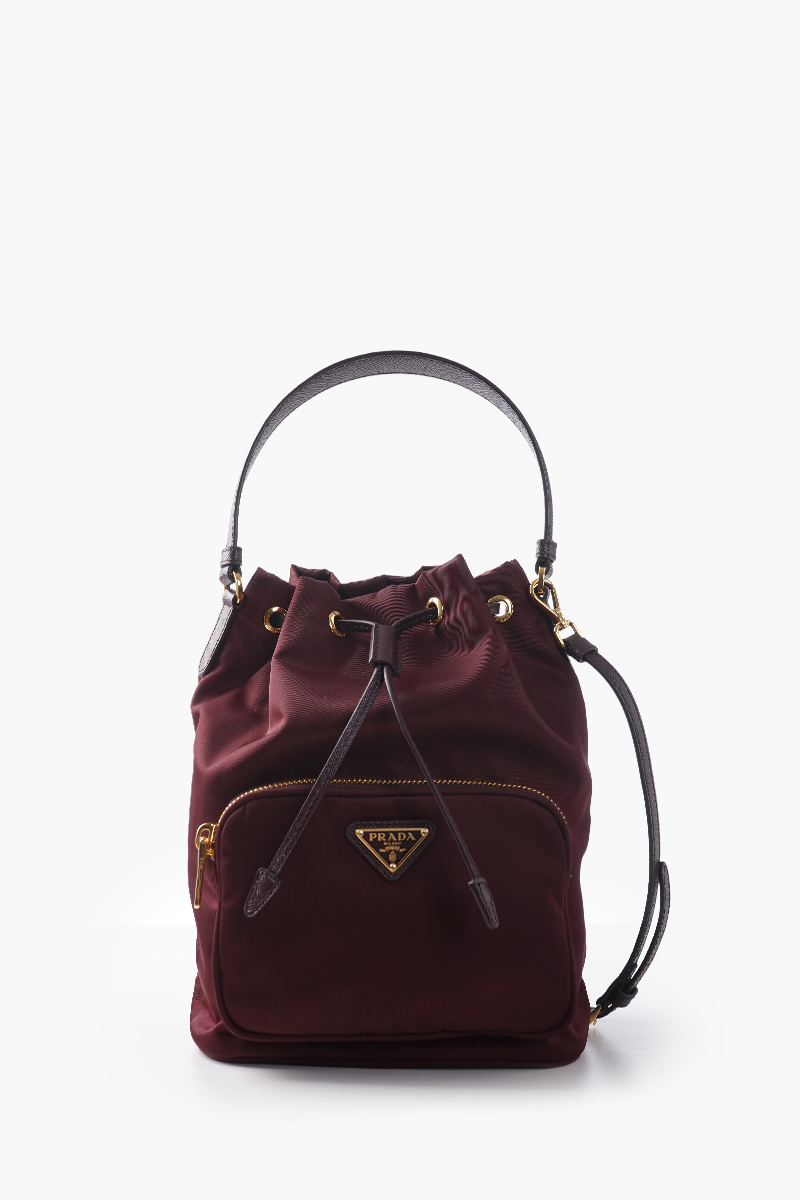 PRADA Duet Re-Nylon Enameled Triangle Logo Bucket Bag in Burgundy 0