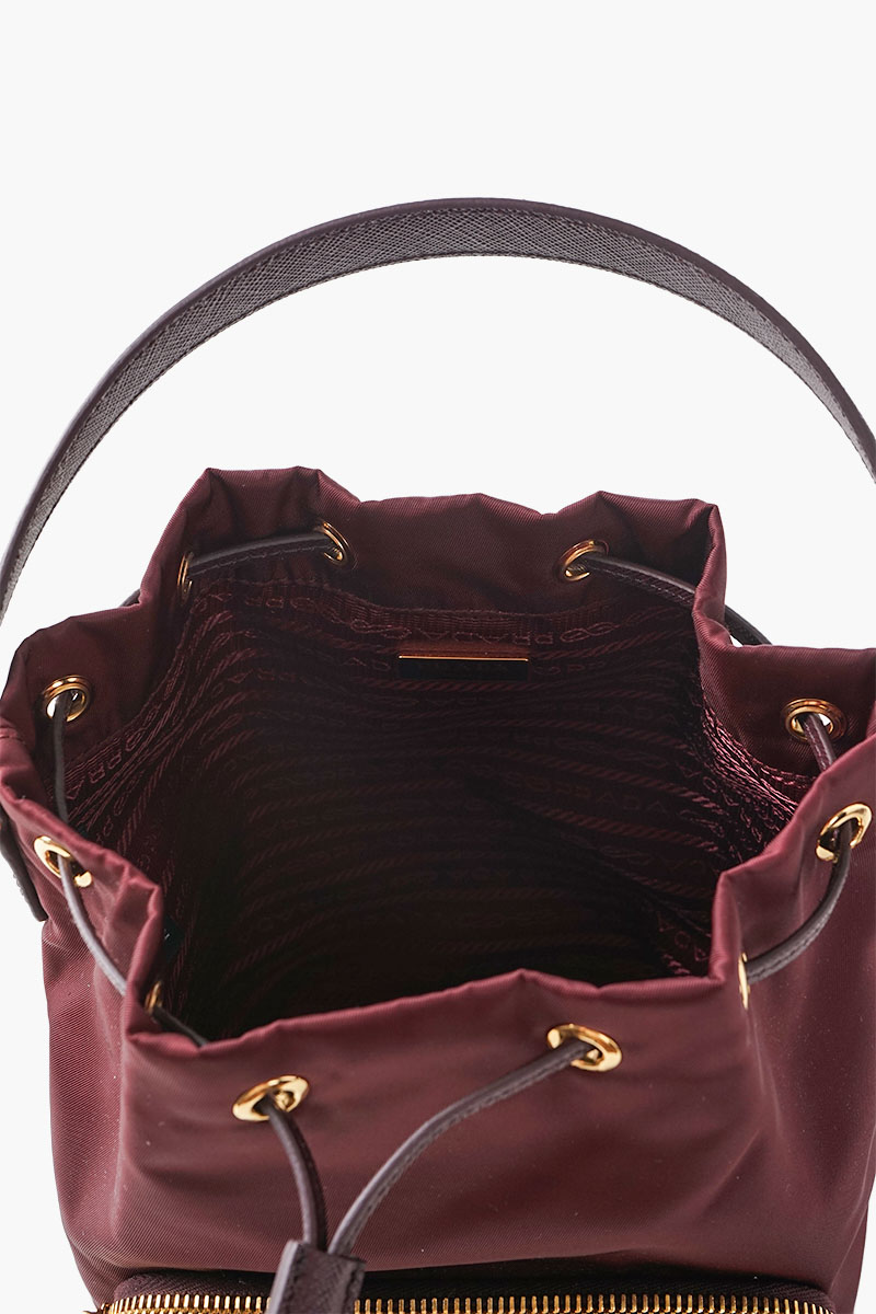 PRADA Duet Re-Nylon Enameled Triangle Logo Bucket Bag in Burgundy 4