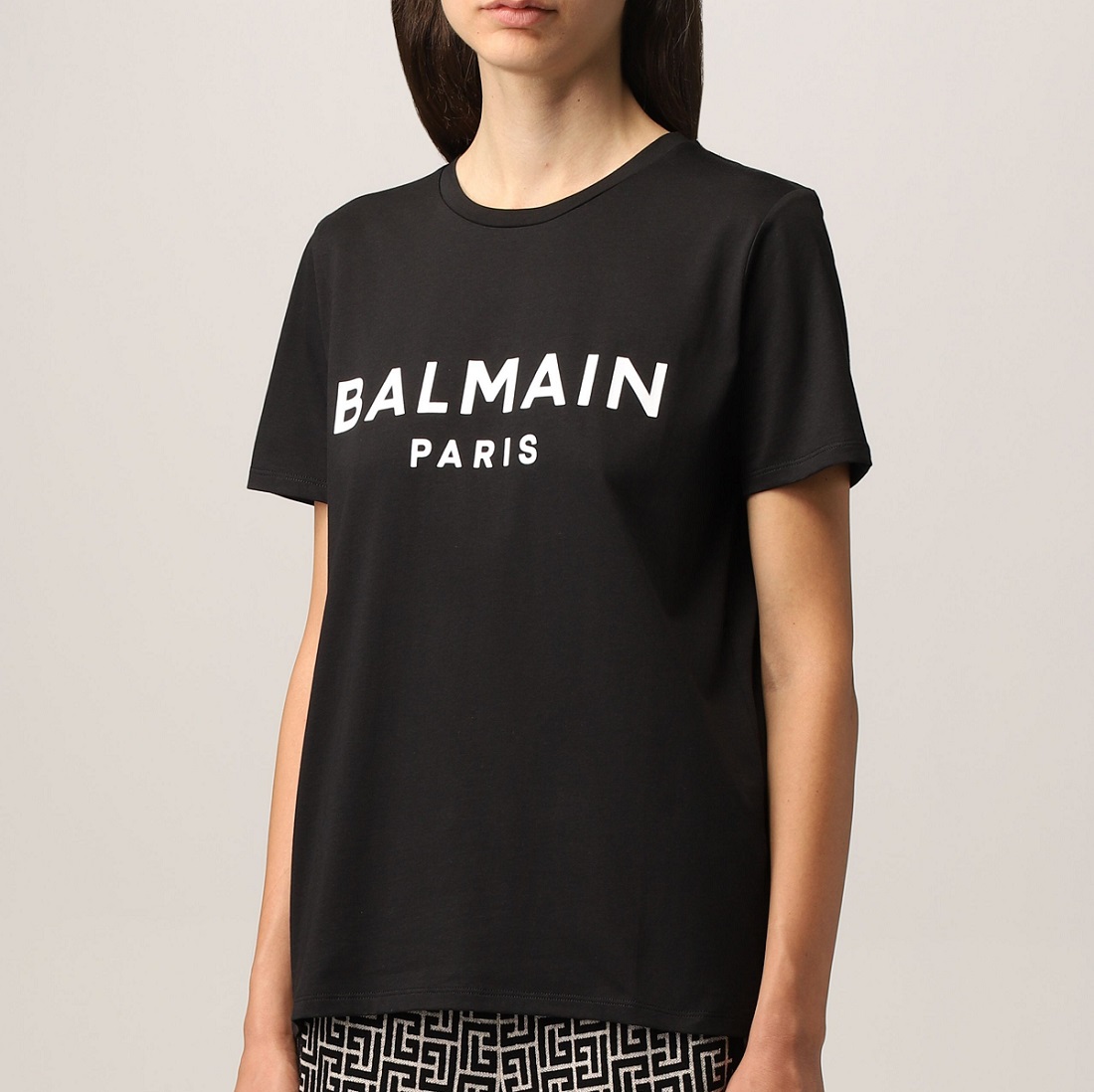 BALMAIN Women Balmain Paris Flocked Suede Logo T-Shirt in Black/White 4