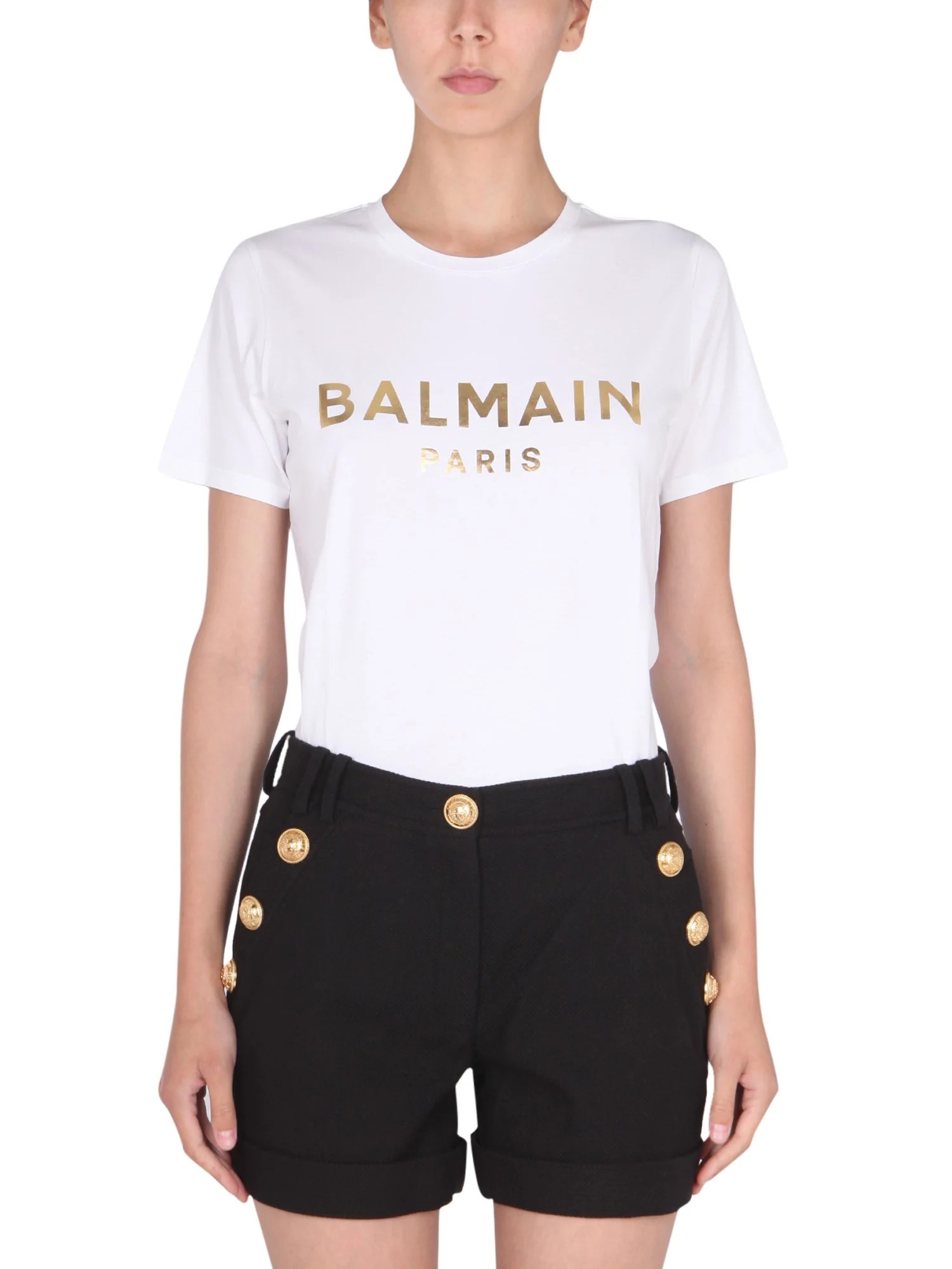 BALMAIN Women Balmain Paris Metallic Logo T-Shirt in White/Gold 4
