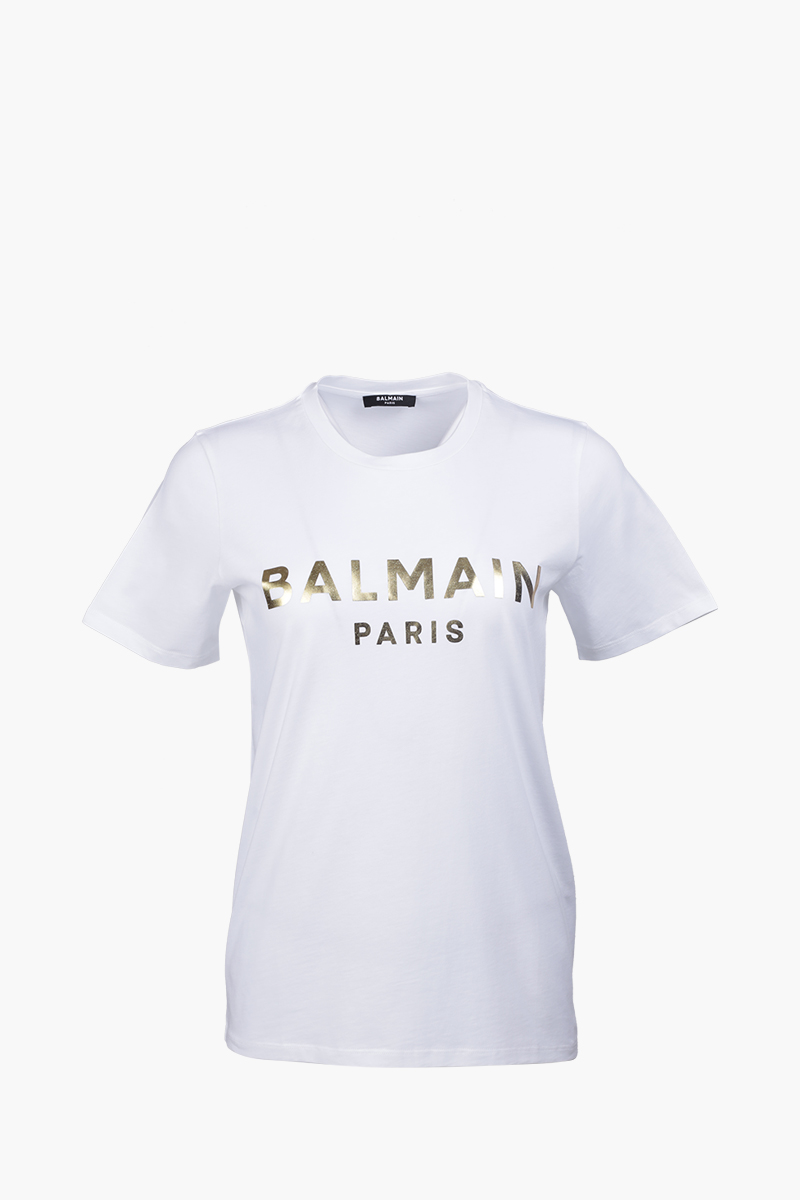 BALMAIN Women Balmain Metallic Bold Logo T-Shirt in White/Gold 0