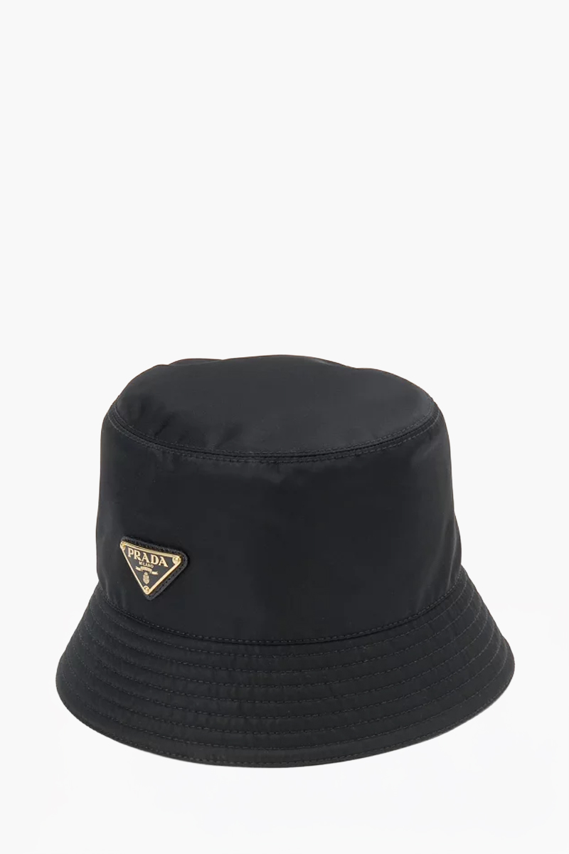 PRADA Triangle Logo Bucket Hat in Black/Gold Re-Nylon 1